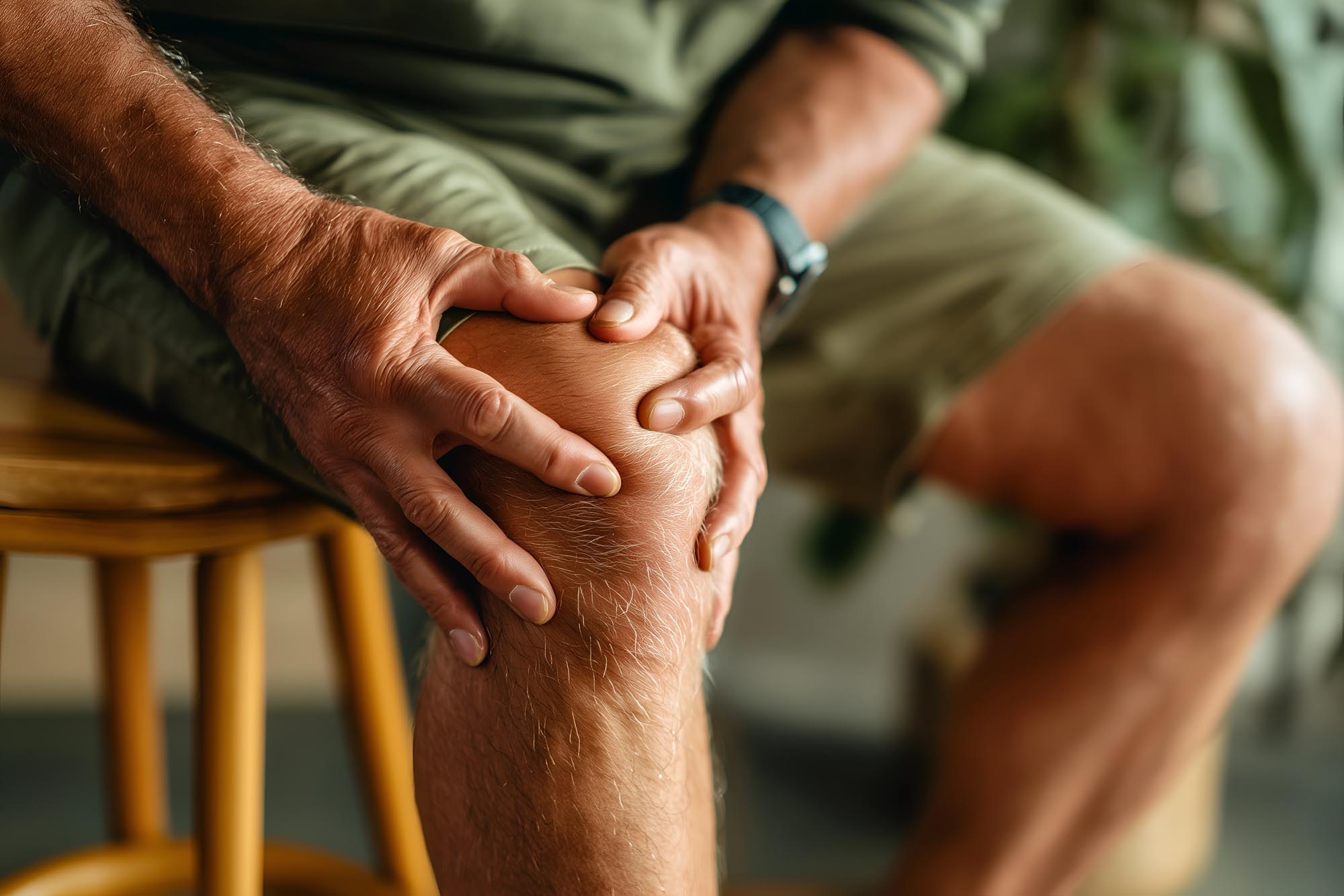 Senior Man Dealing with Knee Pain While Sitting